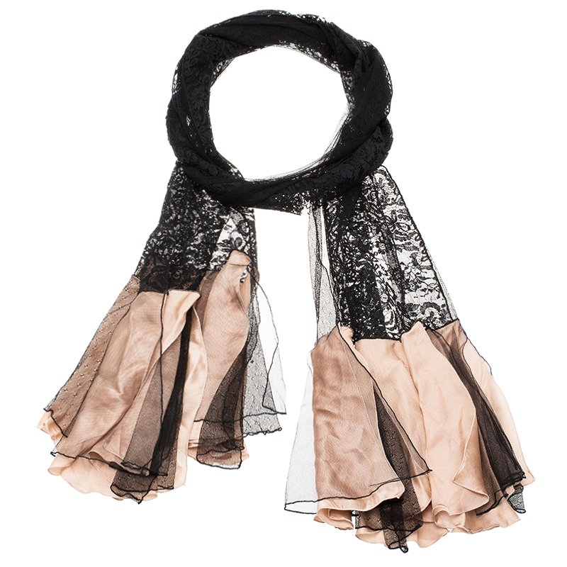 Pre Owned Dior Black Lace and Beige Silk Underlay Vintage Stole