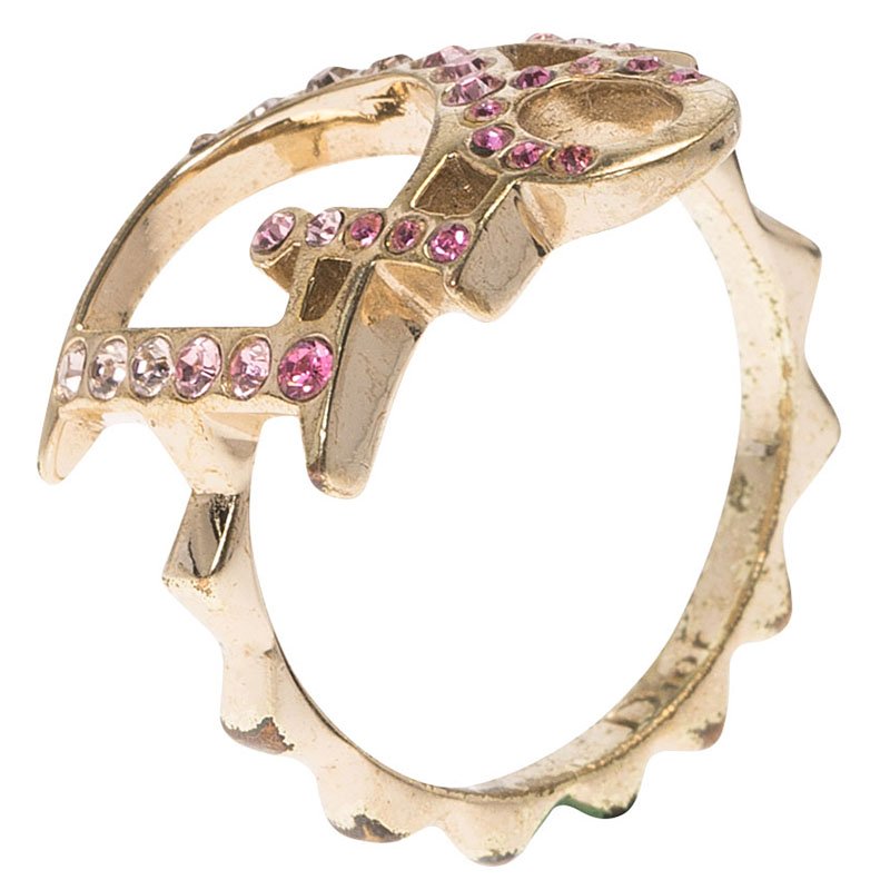 Dior Pink Crystal Studded Logo Gold Tone Ring Size 51