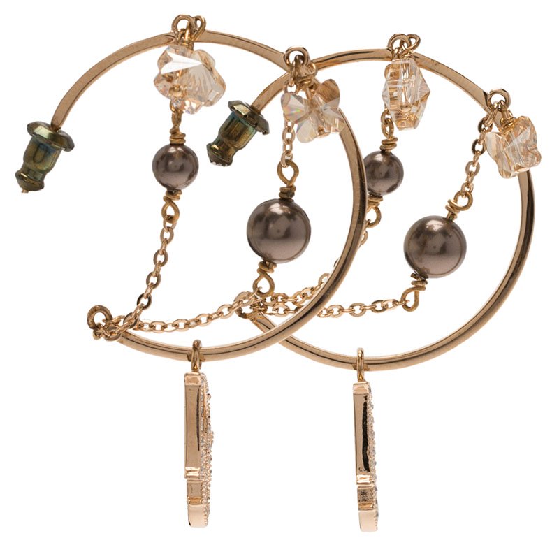 Pre Owned Dior Logo Crystal Faux Pearl Rose Gold Tone Hoop Earrings