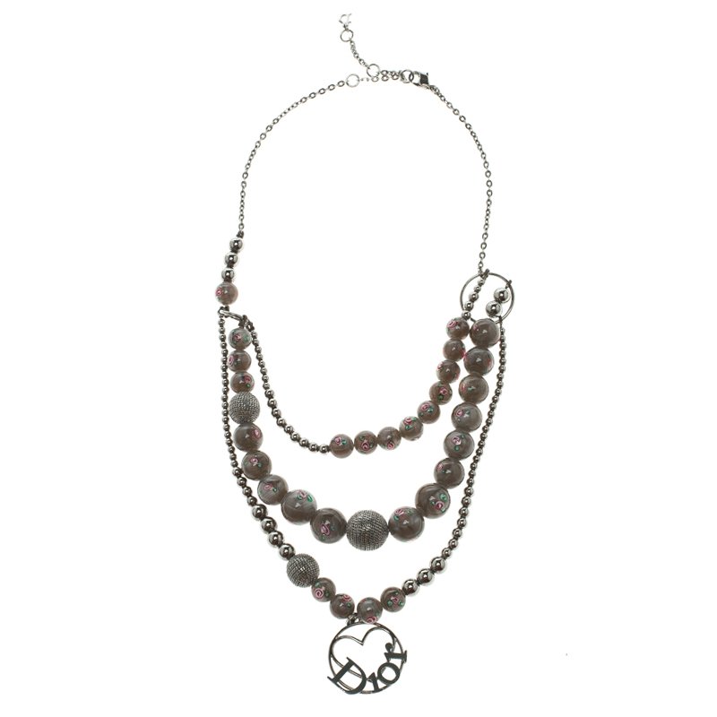 Pre Owned Dior Grey Bead  Silver Tone Multichain Necklace