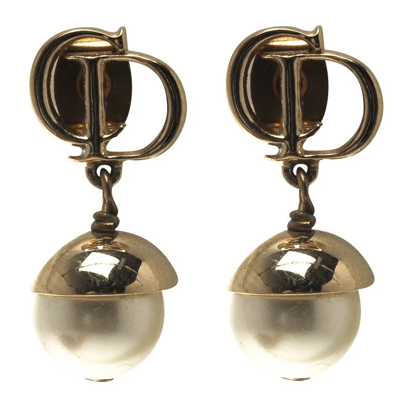 Pre Owned Dior Mise en Dior Faux Pearl Gold Tone Drop Earrings