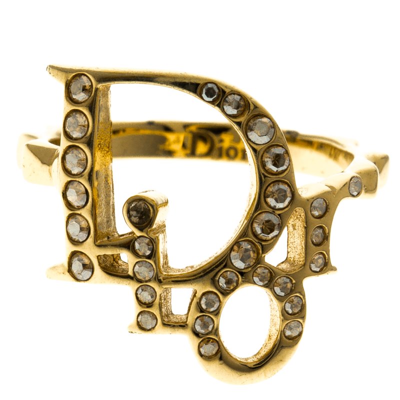 Dior Crystal Studded Logo Gold Tone Ring Size 52