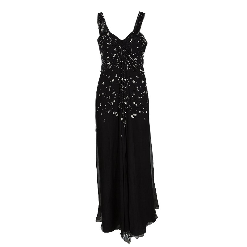 Pre Owned Dior Black Silk Chiffon Crystal Embellished Gown S