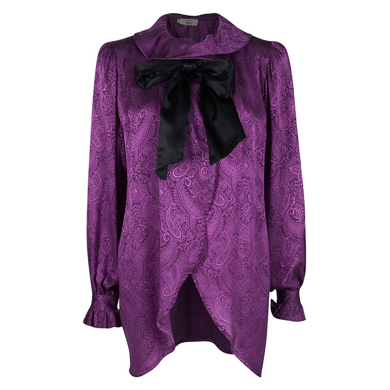 Pre Owned Dior Vintage Purple Paisley Printed Silk Draped Open Front Blouse L