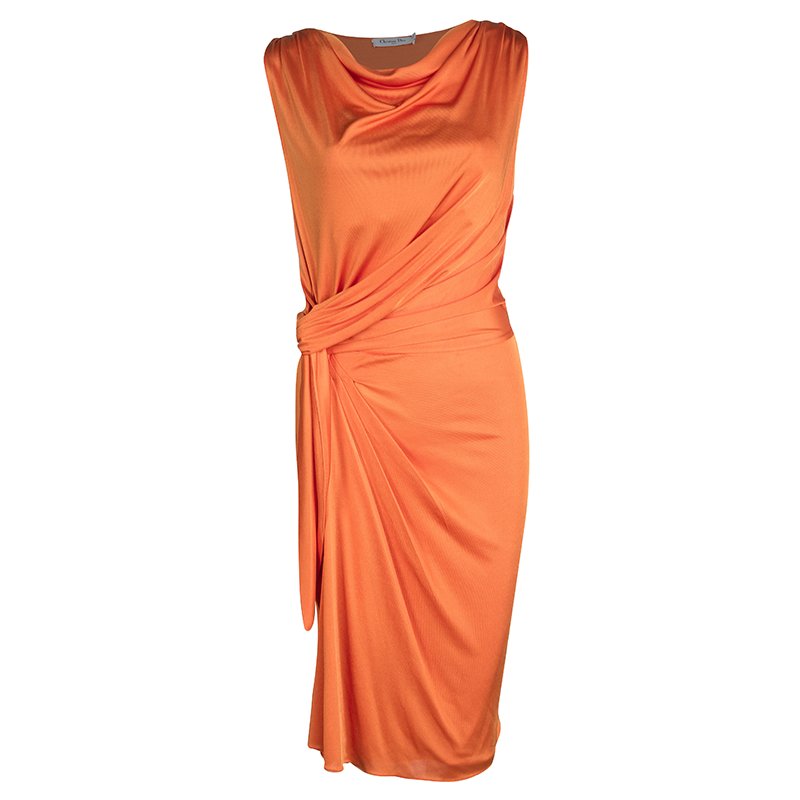 Dior Orange Knit Draped Sleeveless Cowl Neck Dress M