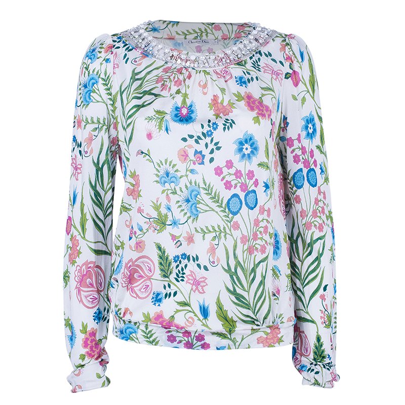 Pre Owned Dior Silk Floral Embellished Top L
