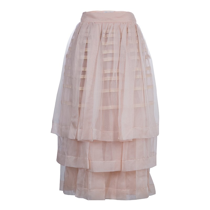 Pre Owned Dior Beige Layered Horizontal Pintuck Detail Silk Skirt M