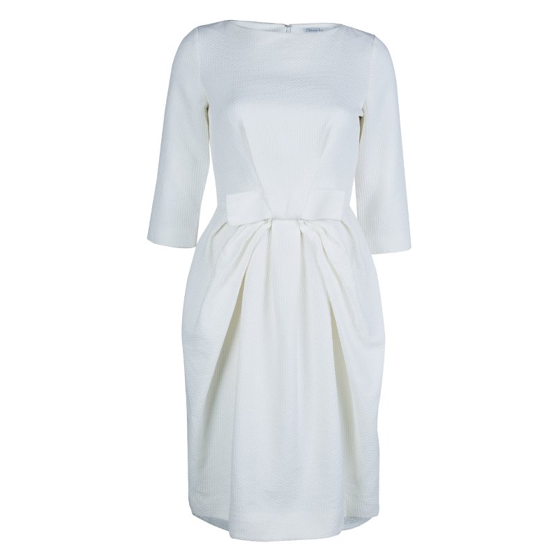 Dior Cream Textured Cotton Bow Detail Dress M