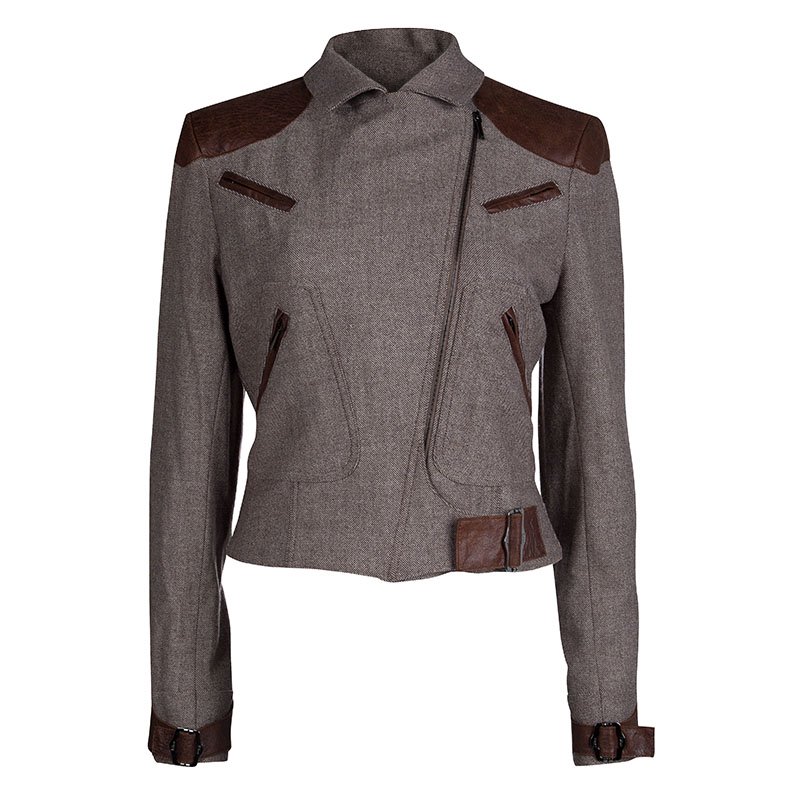 Dior Brown Leather Patch Detail Tweed Jacket M