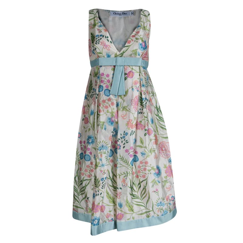 Dior Cream Floral Printed Silk Bow Detail Sleeveless Dress S Dior | TLC