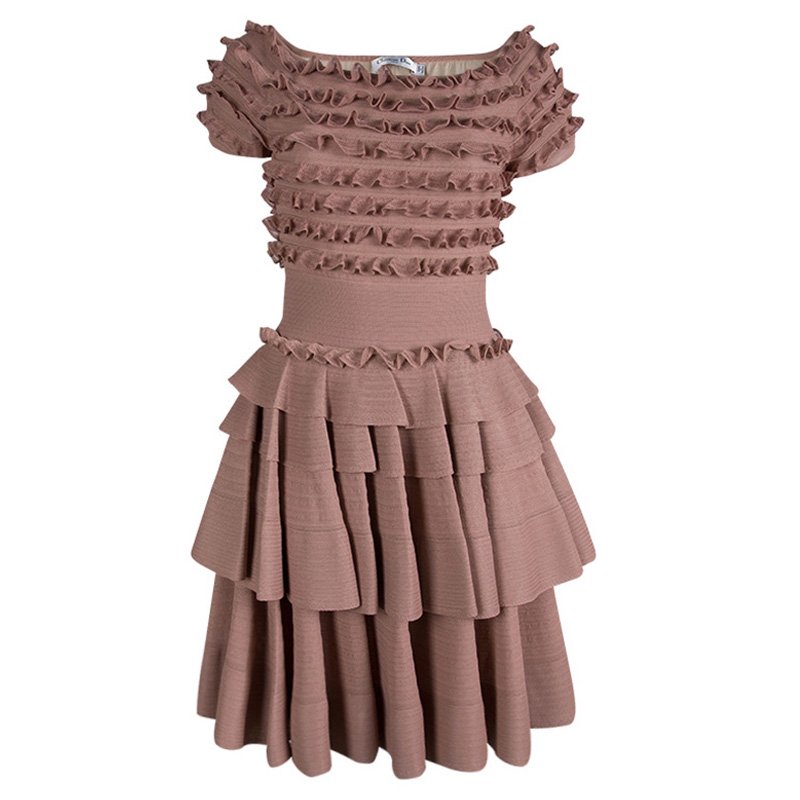 Dior Pink Knit Tiered Ruffle Detail Dress M