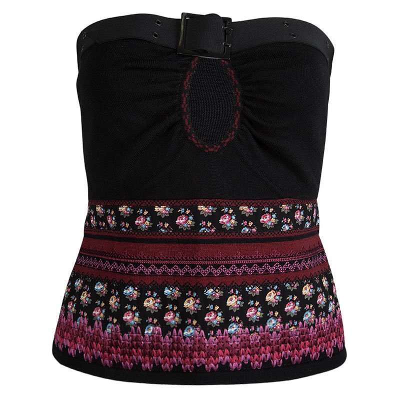 Pre Owned Dior Boutique Embroidered Knit Belt Detail Strapless Top M