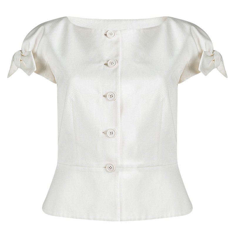 Pre Owned Dior Cream Cotton Bow Detail Button Front Blouse M