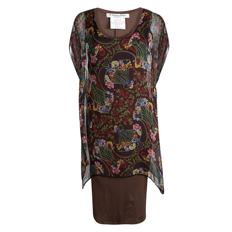 Dior Multicolor Floral Printed Silk Kaftan Style Dress L