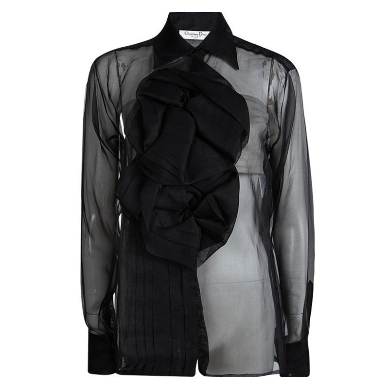 Dior Black Silk Floral Applique Detail Sheer Blouse M