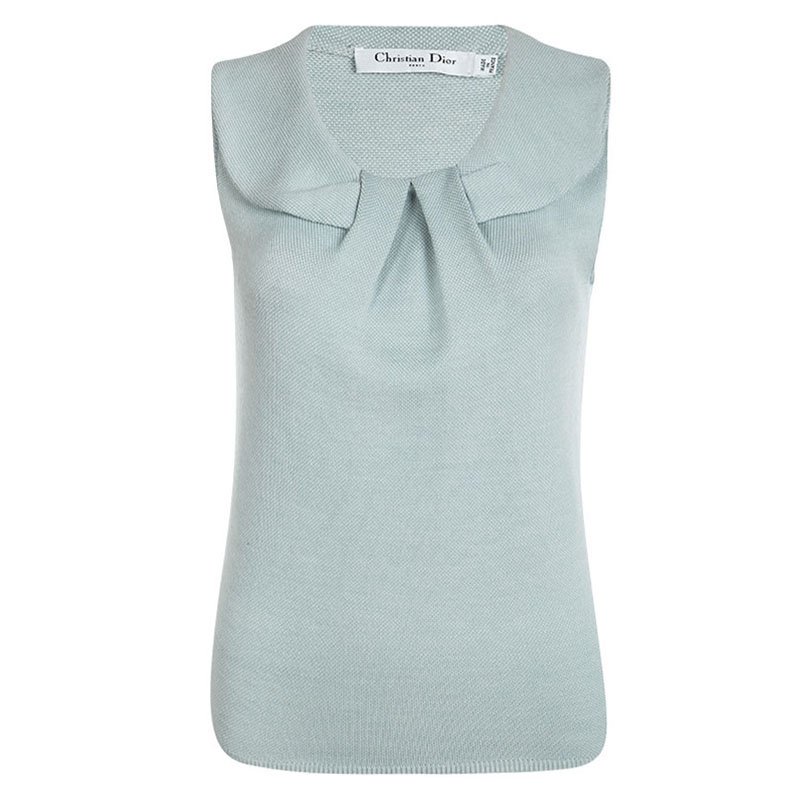 Pre Owned Dior Powder Blue Wool Pleated Front Sleeveless Sweater M