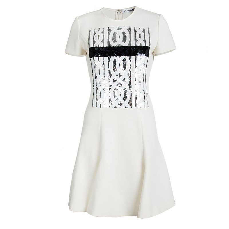 Dior Cream Wool Sequin Embellished Flared Bottom Dress M