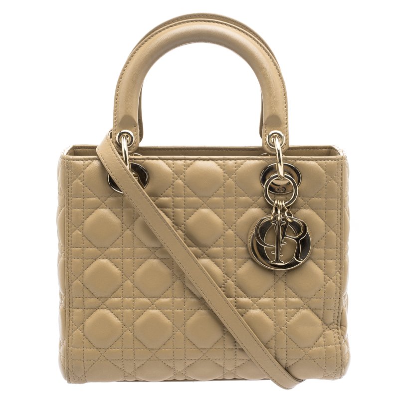 Pre Owned Dior Beige Leather Medium Lady Dior Tote