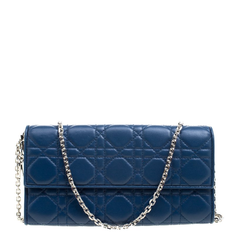 مملوكة مسبقًا Dior Blue Cannage Leather Wallet on Chain