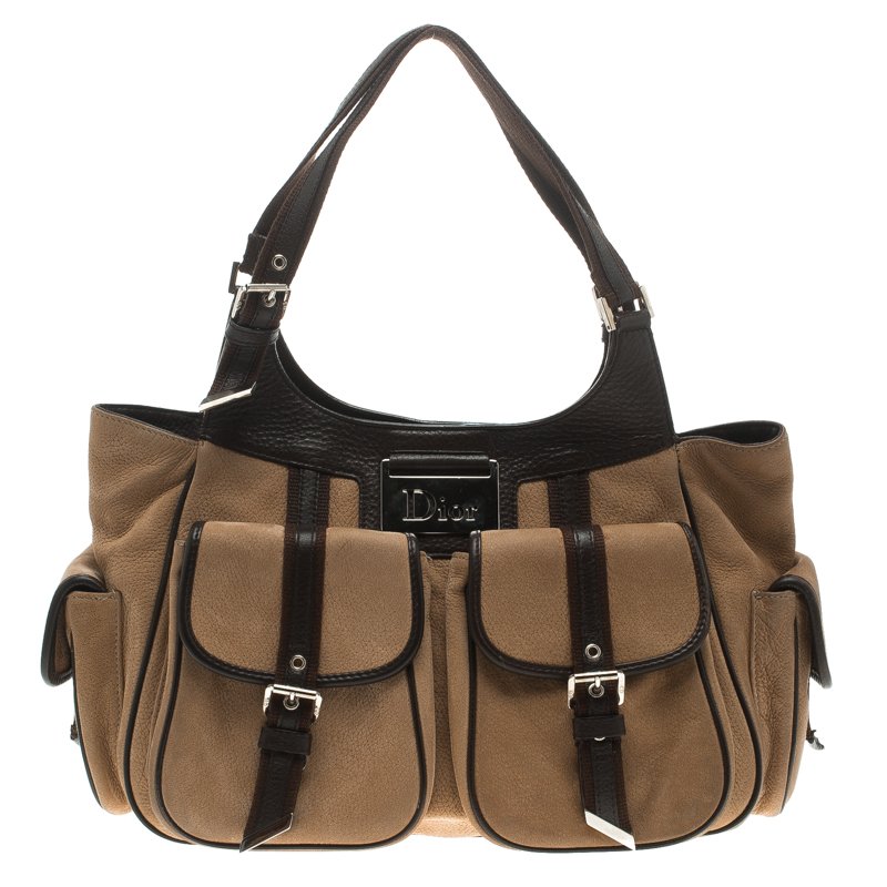 Pre Owned Dior Brown/Beige Leather Multi Pocket Tote