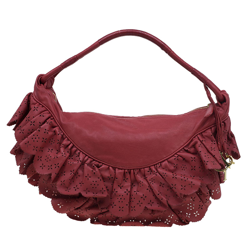 Dior Red Leather Large Gypsy Ruffle Hobo Bag