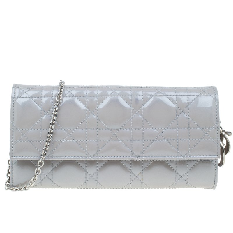 Dior Grey Cannage Patent Leather Wallet on Chain