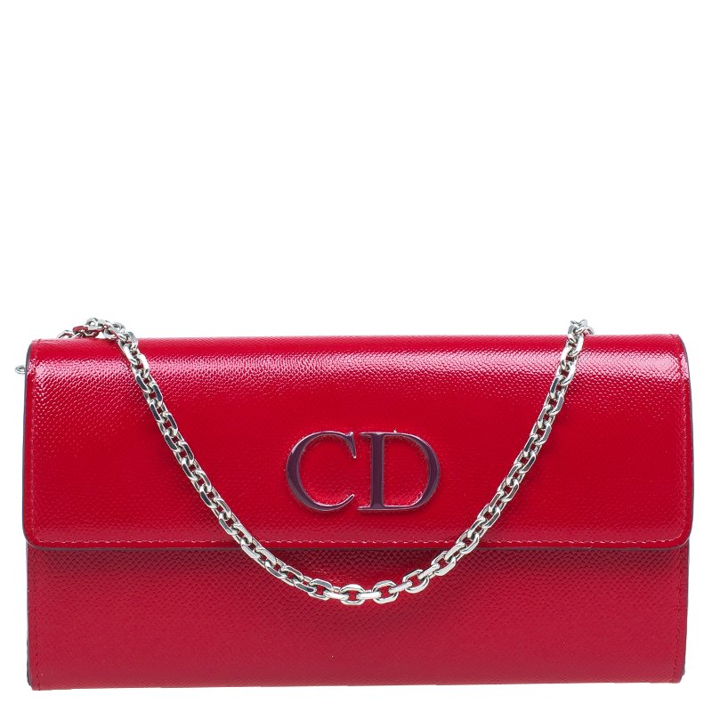 Pre Owned محفظة ديور مانيا راندي-فو بسلسلة جلد حمراء