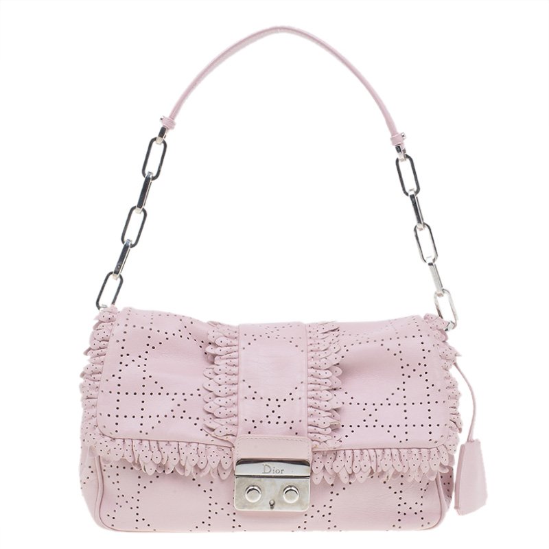 Pre Owned Dior Pink Perforated Leather Ruffle New Lock Flap Bag