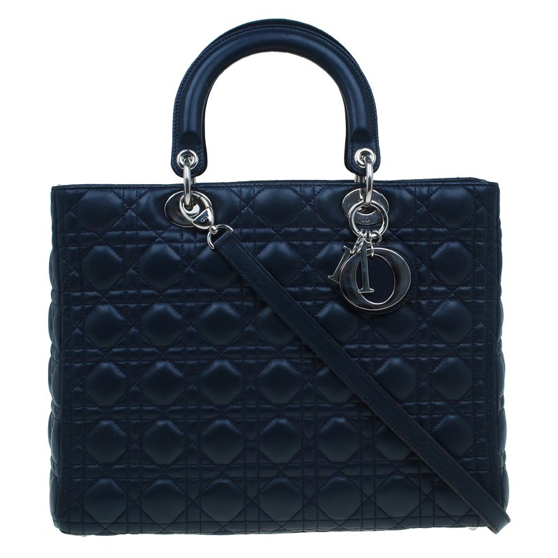 مملوكة مسبقًا حقيبة ديور ليدي ديور كبيرة جلد أزرق داكن