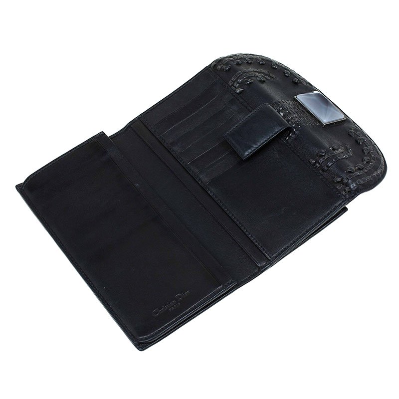 Pre Owned Dior Black Leather Plisse Tri Fold Wallet
