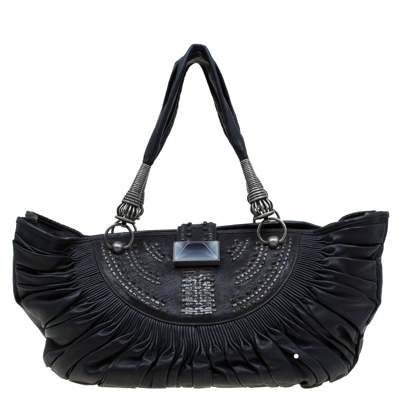 Pre Owned Dior Black Pleated Leather Plisse Tote