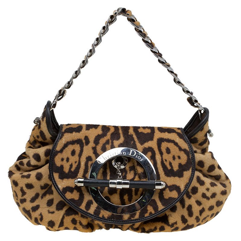 Dior Brown Leapard Print Pony Hair Jazz Club Shoulder Bag