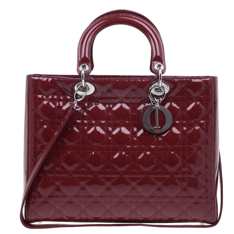 Pre Owned Dior Red Patent Leather Large Lady Dior Tote