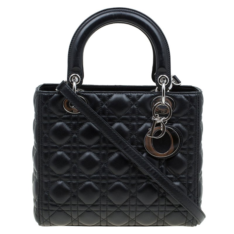 Pre Owned Dior Black Leather Medium Lady Dior Tote