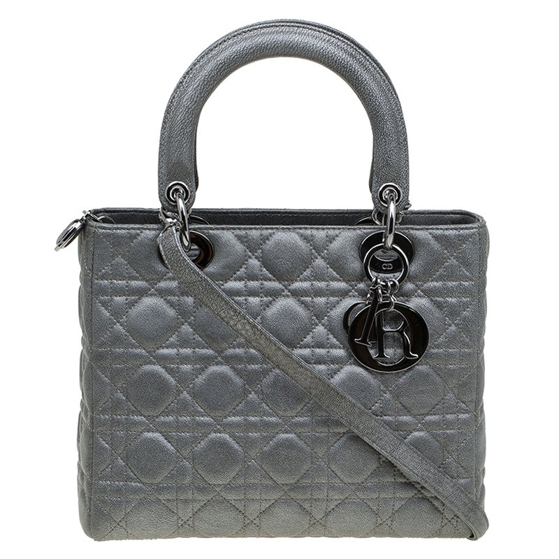 مملوكة مسبقًا حقيبة يد ديور ليدي ديور متوسطة جلد رصاصية