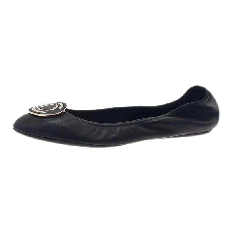 مملوكة مسبقًا Dior Black Leather 'CD' Logo Ballet Flats Size 38.5