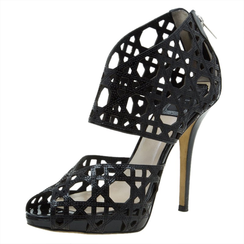 Dior Miss Dior Black Patent Cutout Caged Sandals Size 38.5