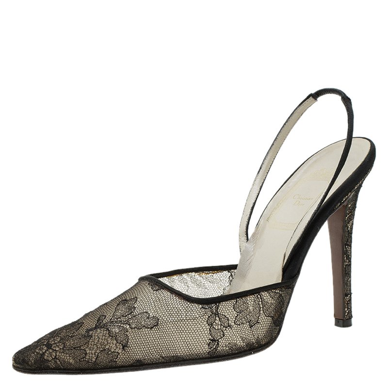 Dior Black Lace and Satin Pointed Slingback Sandals Size 37.5