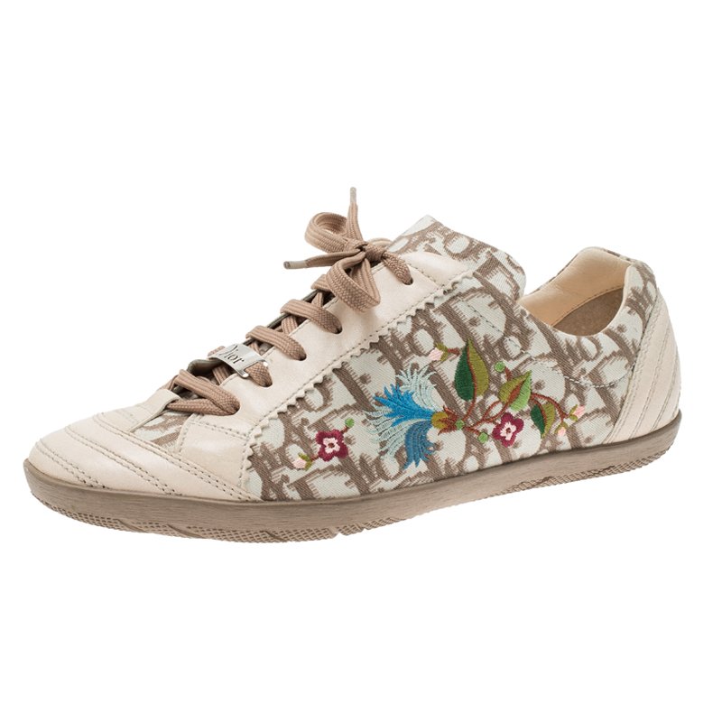 Dior Cream Monogram Leather and Floral Embroidered Canvas Lace Up ...