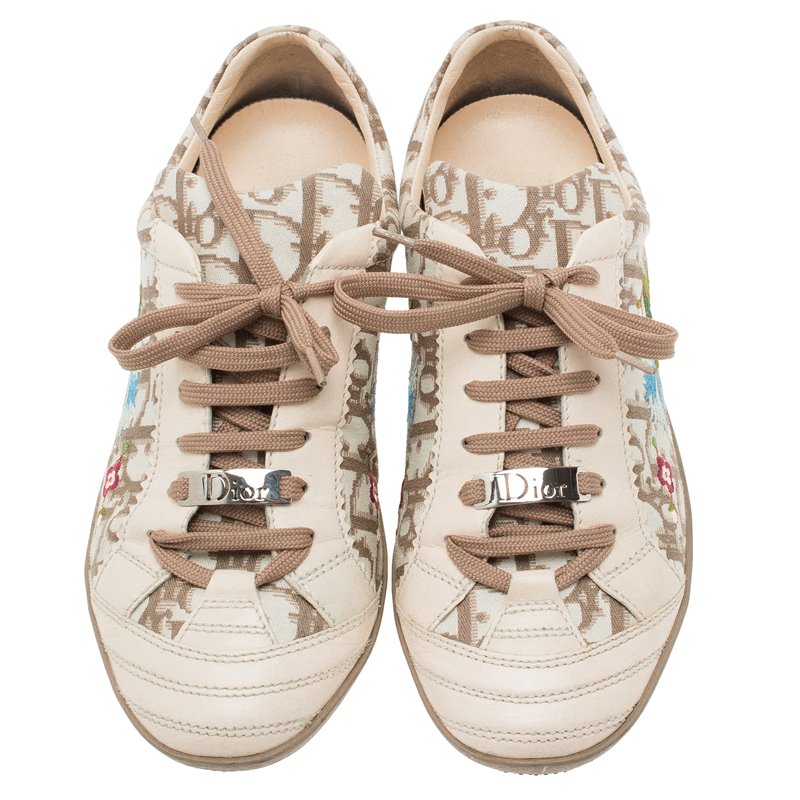 Dior Cream Monogram Leather and Floral Embroidered Canvas Lace Up ...