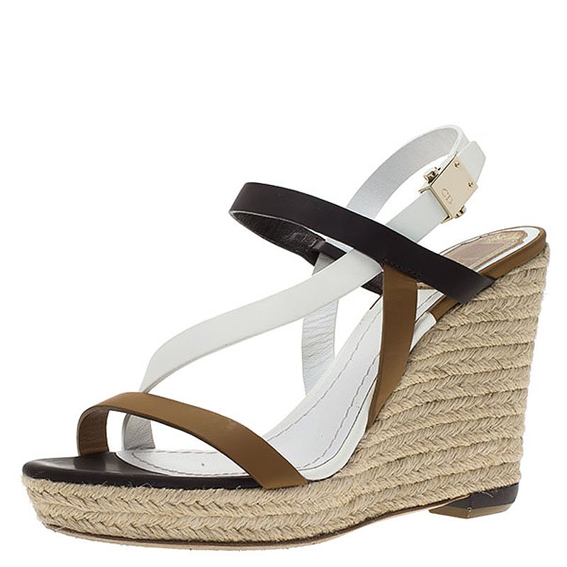 مملوكة مسبقًا Dior Tricolor Leather Ankle Strap Espadrille Wedge Sandals Size 38