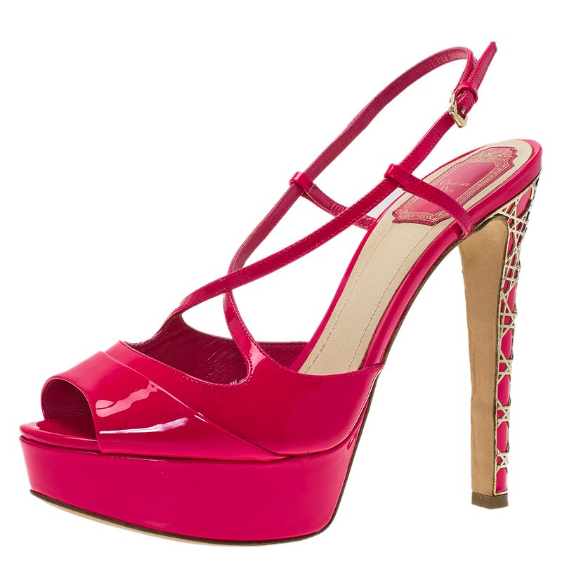 Dior Fuchsia Pink Patent Cannage Heel Cross Strap Platform Sandals Size ...