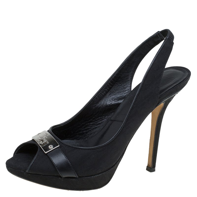 Pre Owned Dior Black Monogram Canvas Logo Plaque Slingback Sandals Size 36
