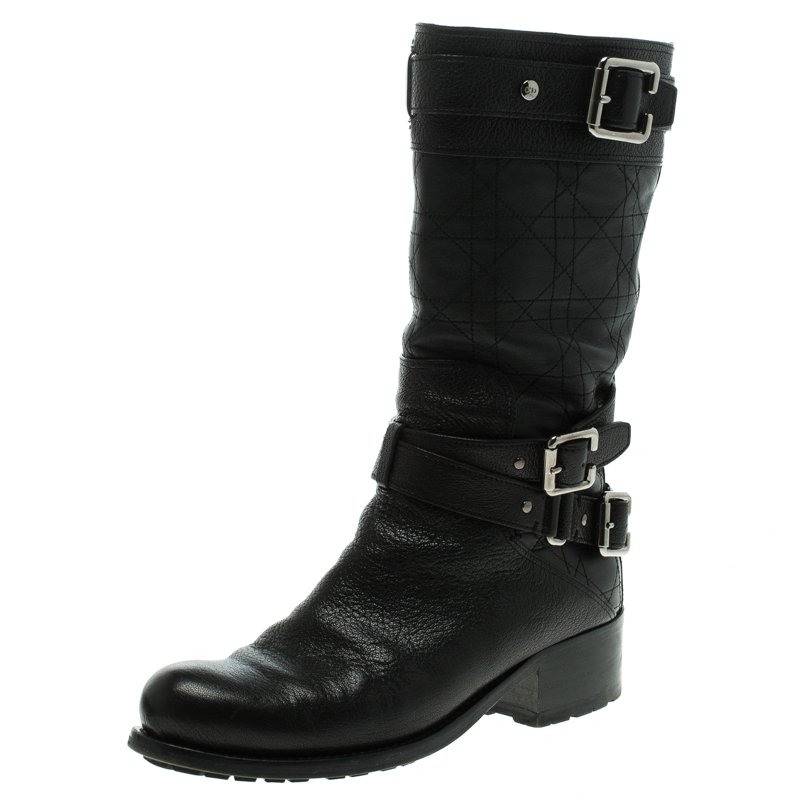 Pre Owned بوت لمنتصف الساق ديور رايدينغ جلد كاناج أسود بأبازيم مقاس 37.5