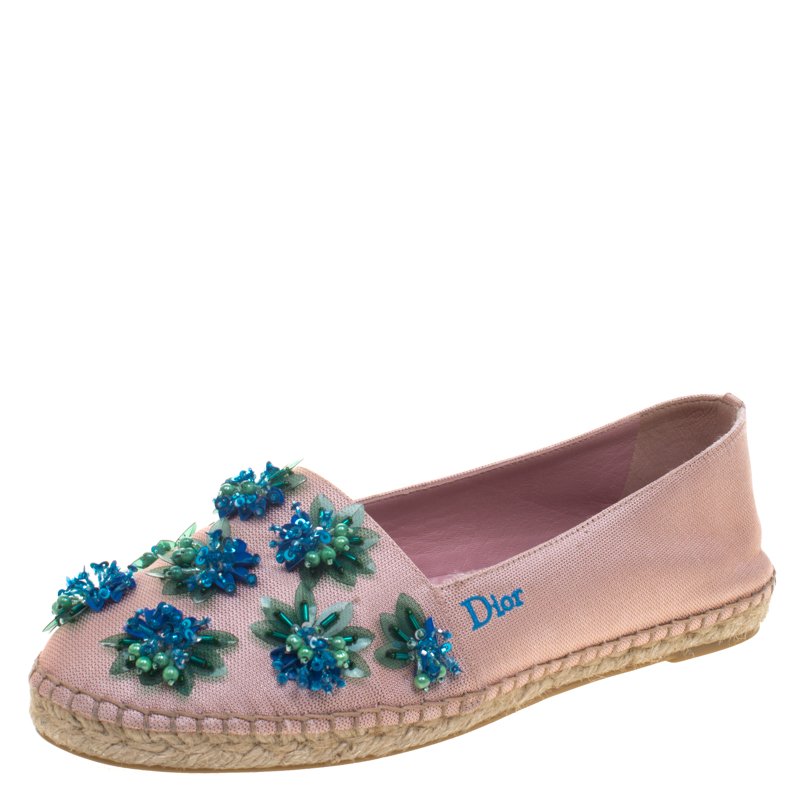 Pre Owned حذاء لوفرز إسبادريل ديور كانفاس وردي مزين بالورود مقاس 36.5