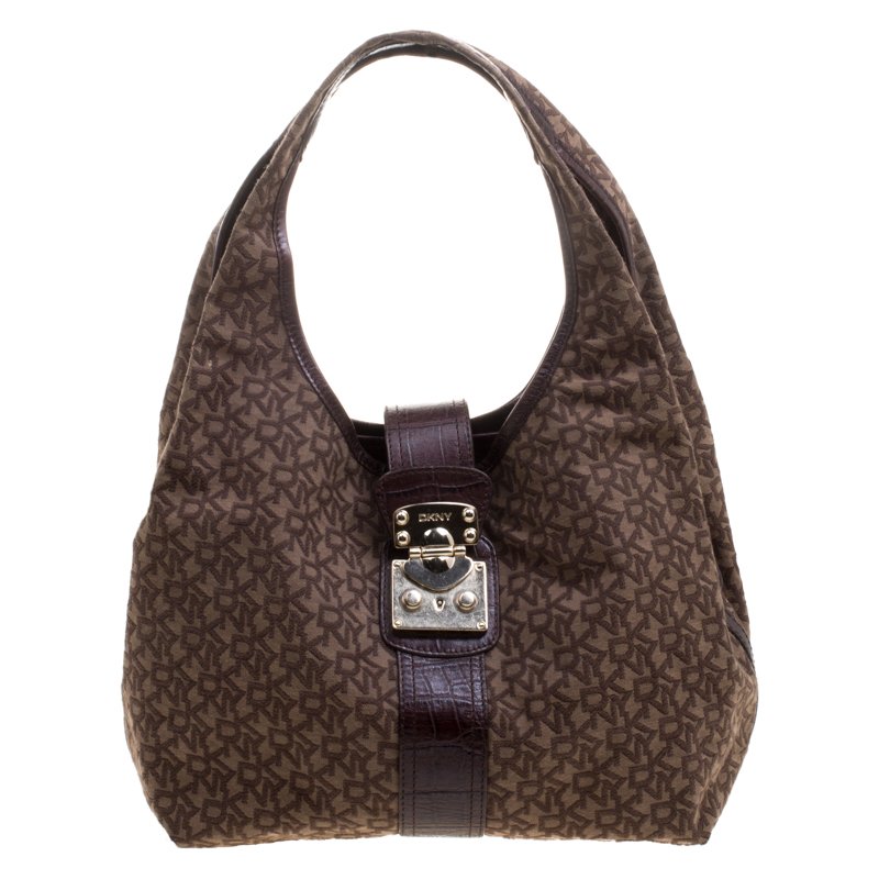 Pre Owned DKNY Dark Brown Signature Canvas Croc Trim Town and Country Hobo