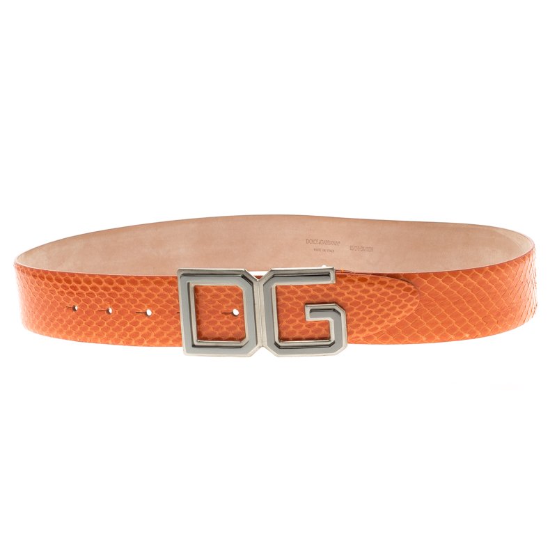 Pre Owned Dolce and Gabbana Orange Python DG Buckle Belt 85 CM