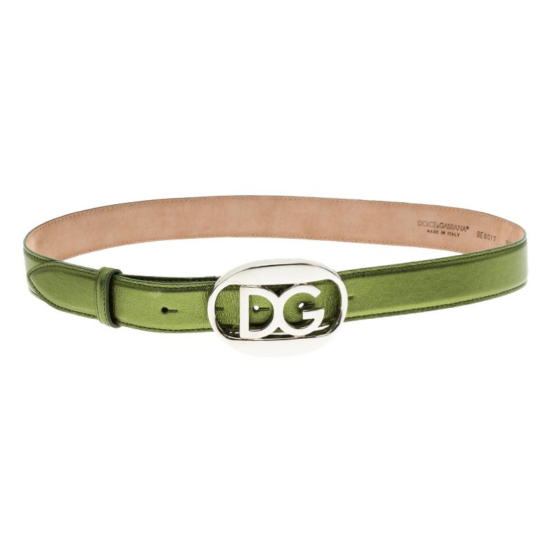 مملوكة مسبقًا حزام دولتشي أند غابانا بإبزيم الشعار أخضر ميتاليك 80 سم