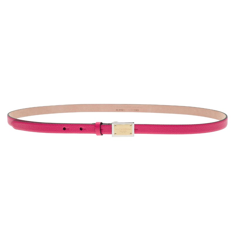 Pre Owned Dolce and Gabbana Pink Leather Logo Plaque Skinny Belt Size 90CM