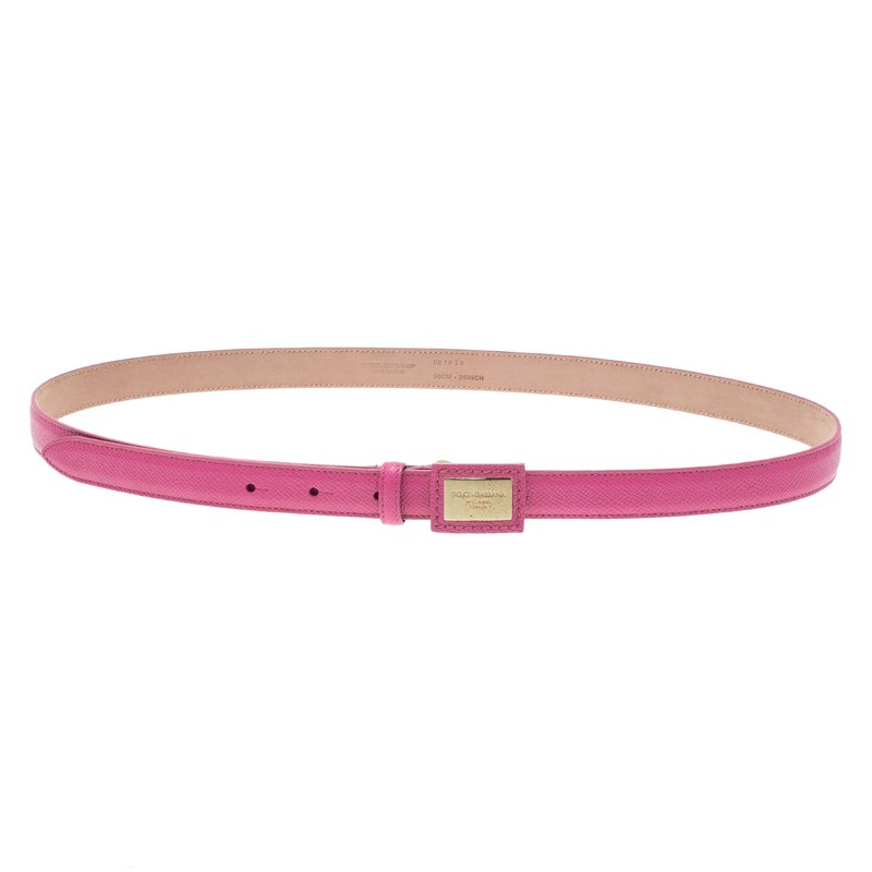 Pre Owned Dolce and Gabbana Light Pink Leather Logo Plaque Skinny Belt Size 90CM